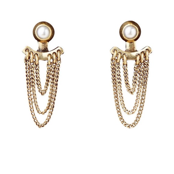 Jenny Bird Lezark Gold Chain Fringe Pearl Drop Earring Jackets
